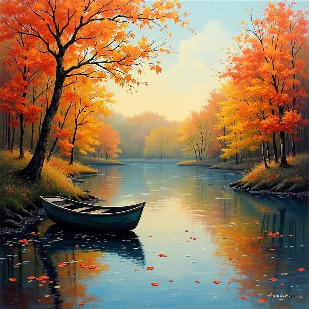 Autumn Lake Scene in Post-Impressionist Style