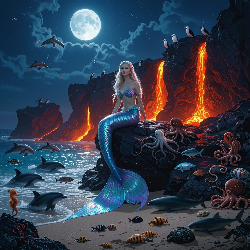Mermaid on Lava Rocks at Night: Digital Art