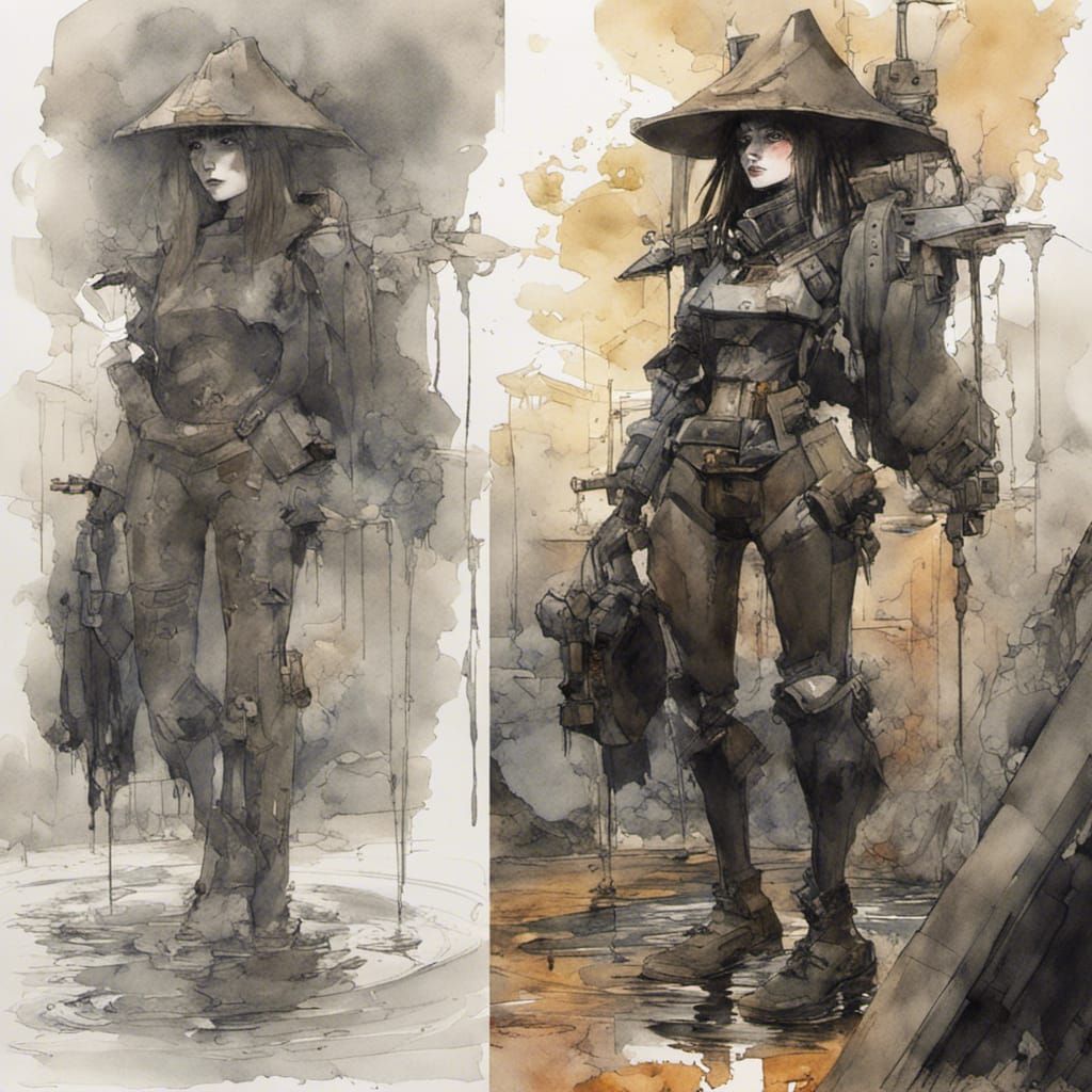 Gothic Witch in Mech Armor, Watercolor Sketch