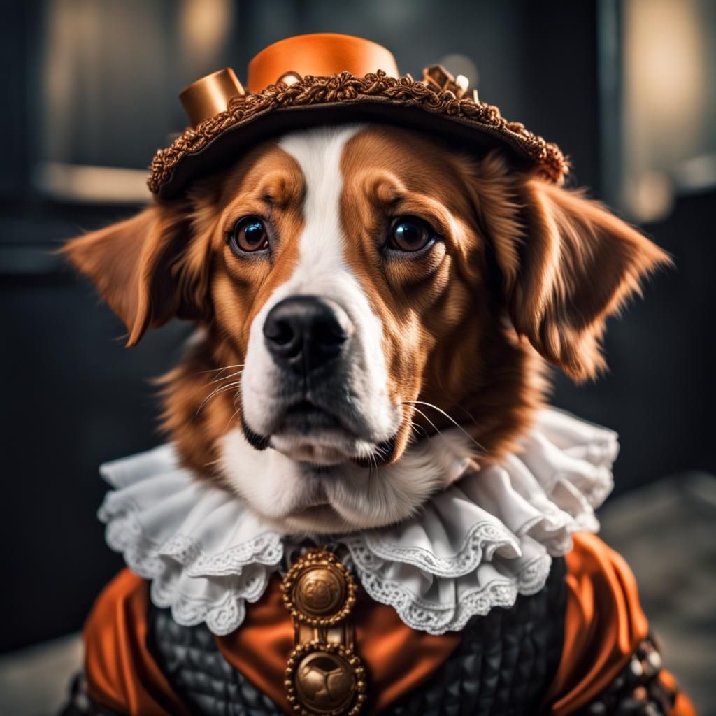 Cute Dog in Pennywise Costume, Hyperrealistic Image