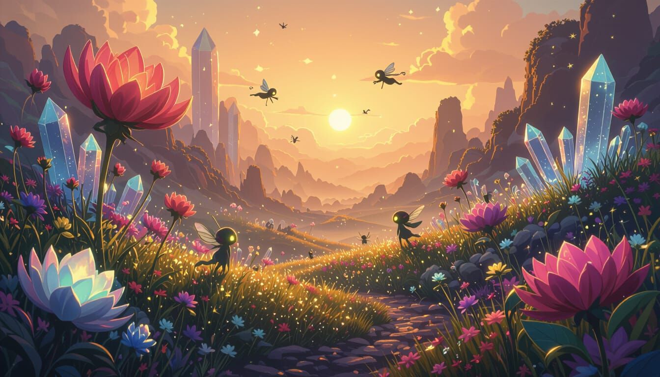 Whimsical Fantastical Landscape with Sprites and Glowing Flo...