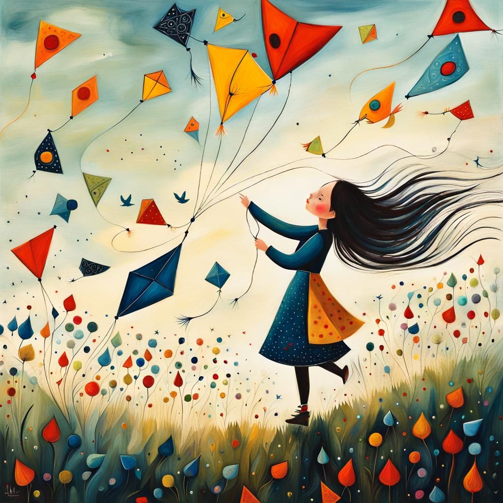Girl Flies Kites in a Surrealist Style
