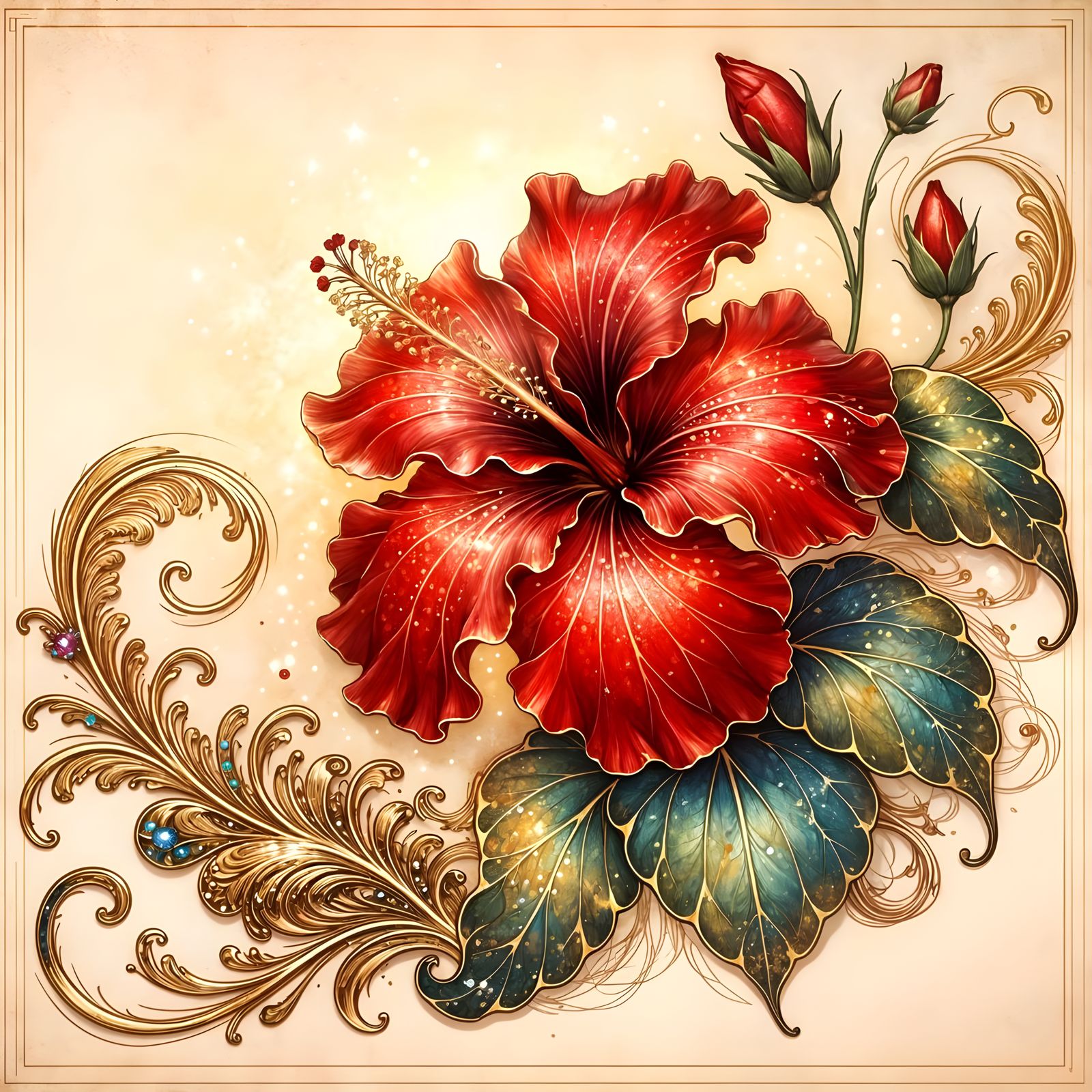 Hibiscus Flower Ink-Wash Painting with Gold Leaf