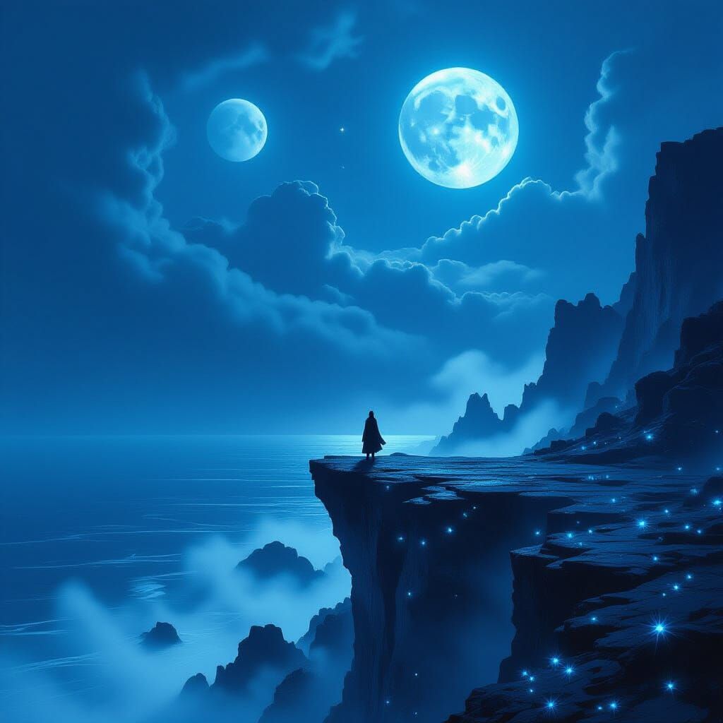 Alien Ocean Vista: Lone Figure on Cliff Edge Under Two Moons