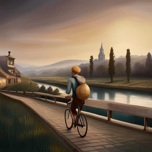 Man on Bicycle with Bread, French Town Backdrop