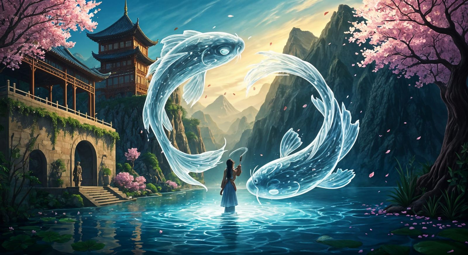 Surreal Cherry Blossom Dance in Majestic Mountain Courtyard