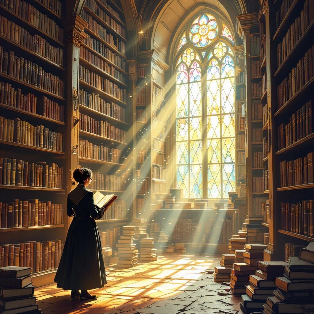 Librarian Discovers Hidden Passage in Dreamy Fantasy Library