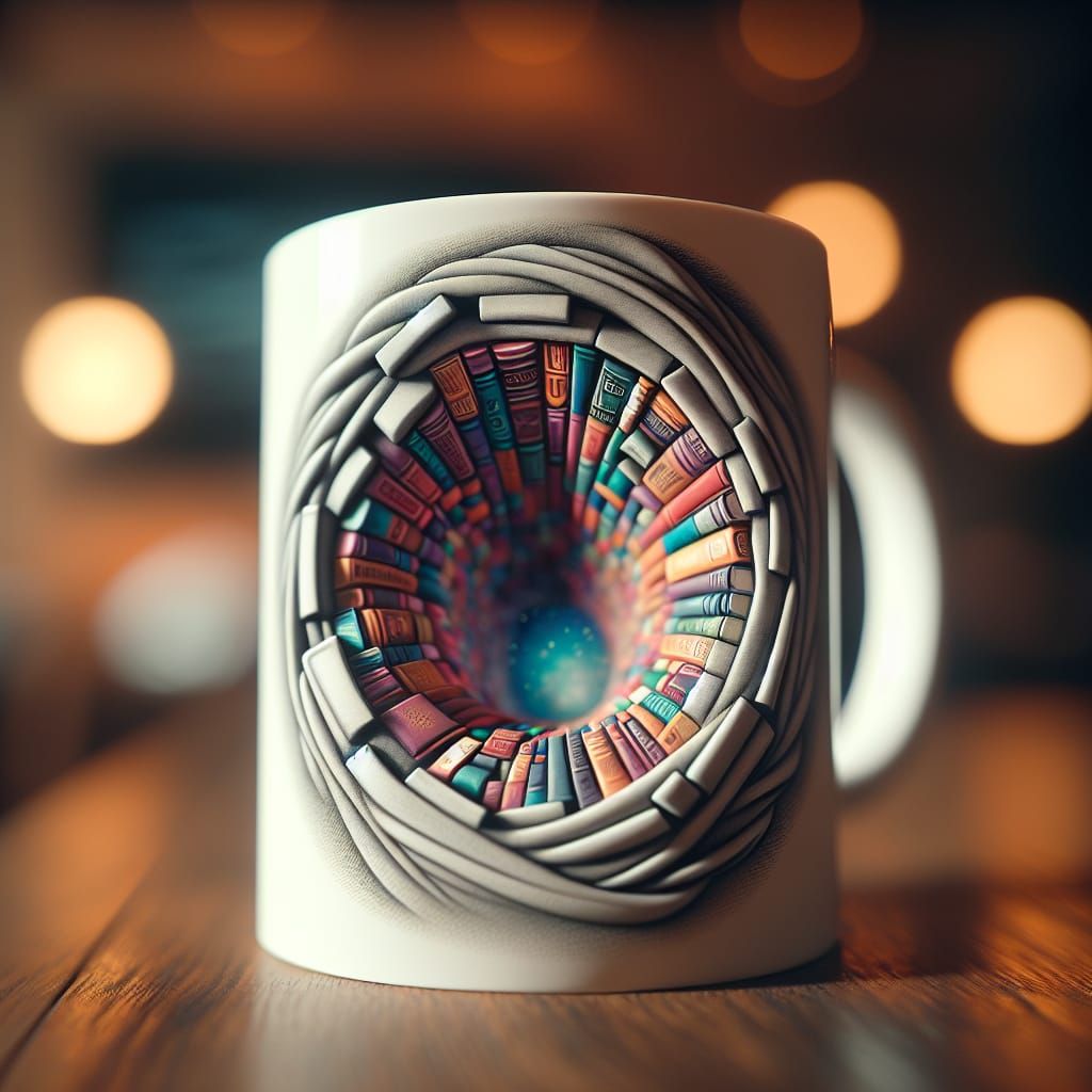 Mug with 3D Library Illusion on Wooden Surface