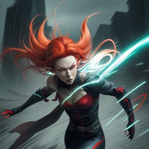 Androgynous Elf in Motion, Neon Manga Style