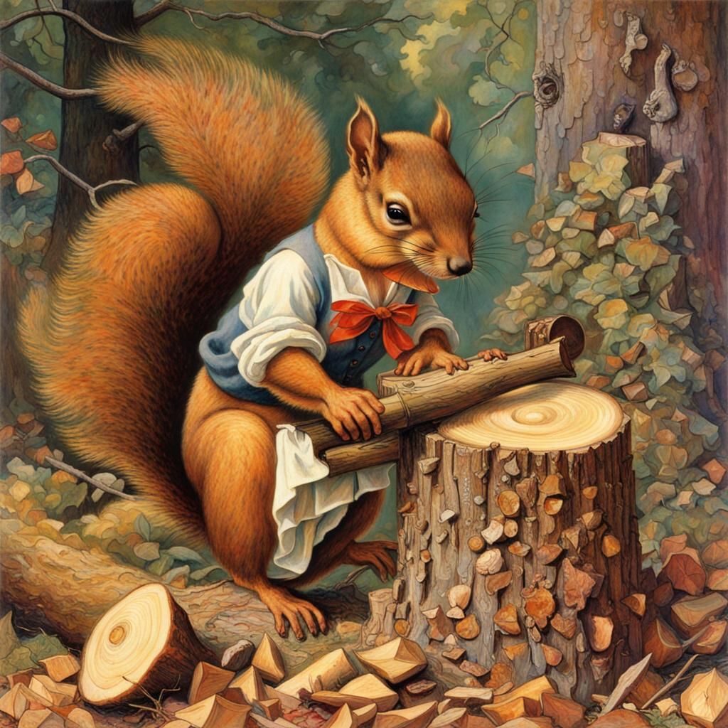 Squirrel Chopping Wood in Rockwell Style
