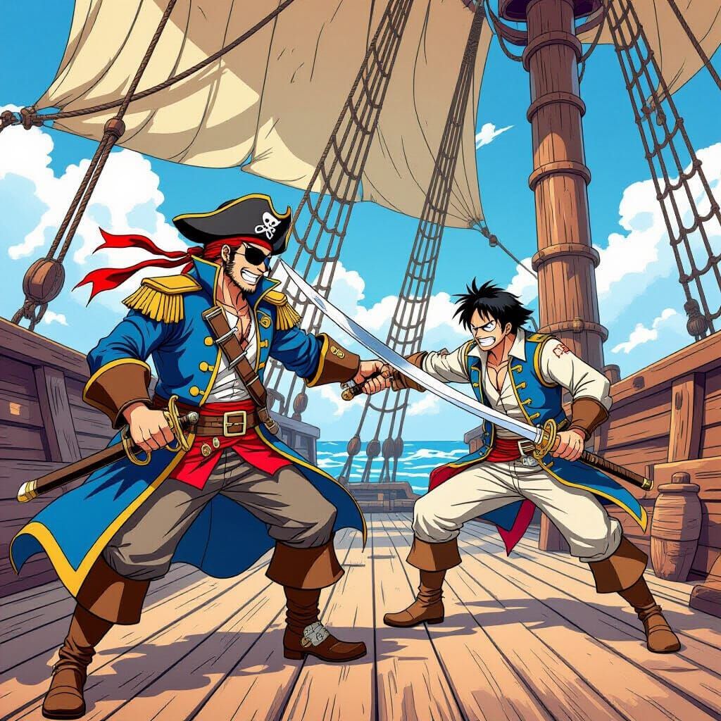 Fox Pirate Captain Dueling Sailor in Anime Style