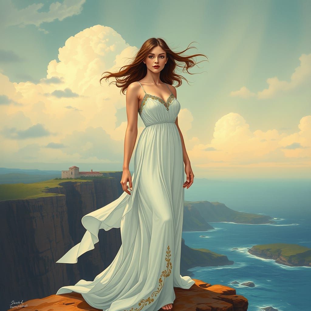 Woman on Windy Cliff in Art Nouveau Style