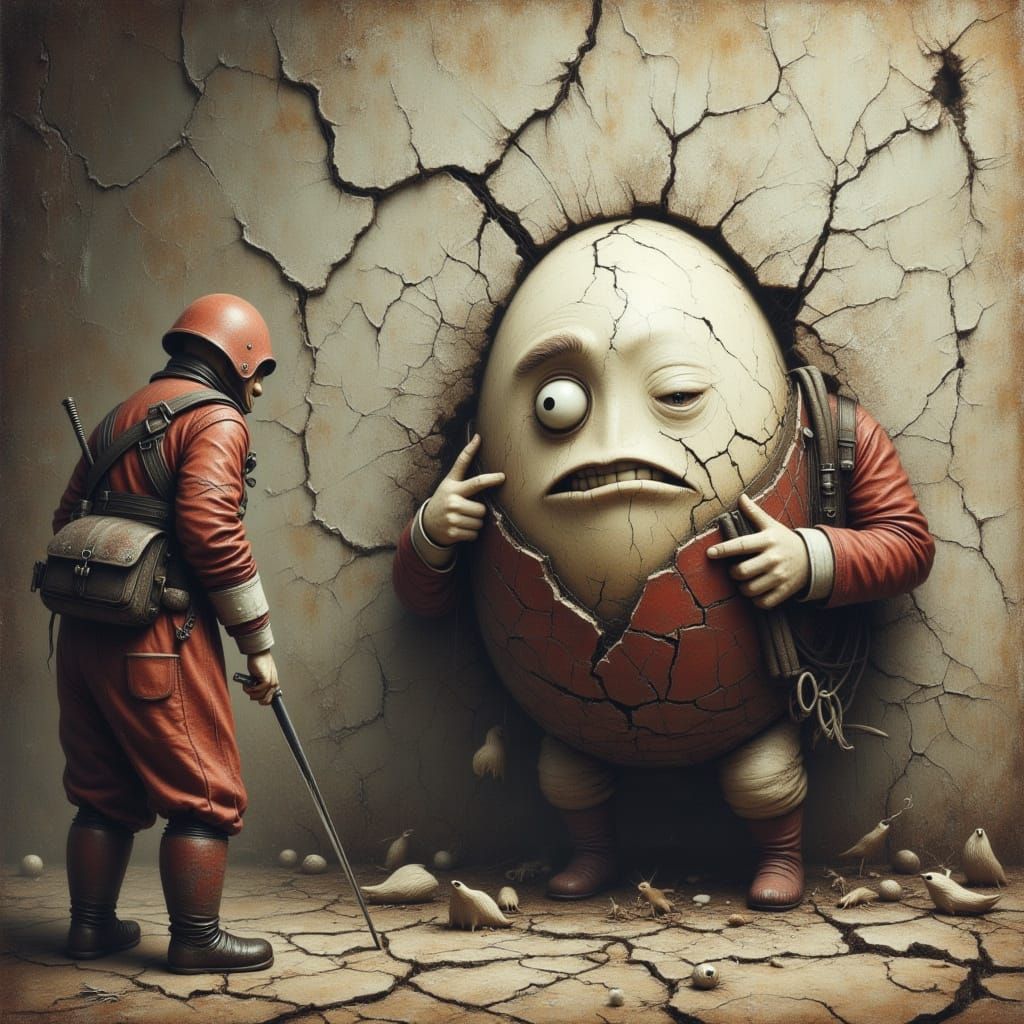 Sad Humpty Dumpty After Fall, Restored by Soldiers
