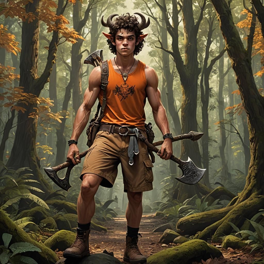 Young Satyr with Axe in Forest Concept Art