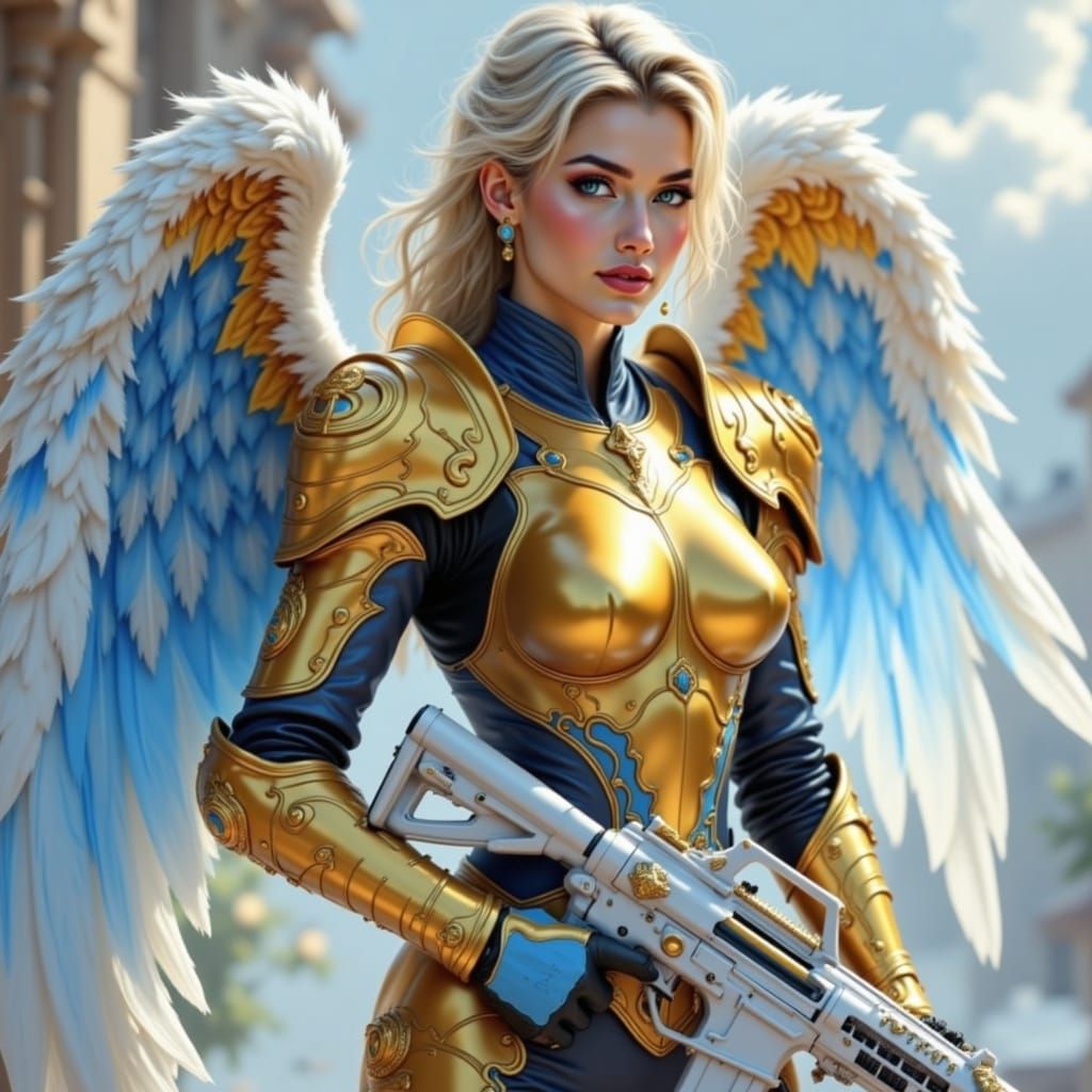 Cyberpunk Angel in Gold Combat Armor