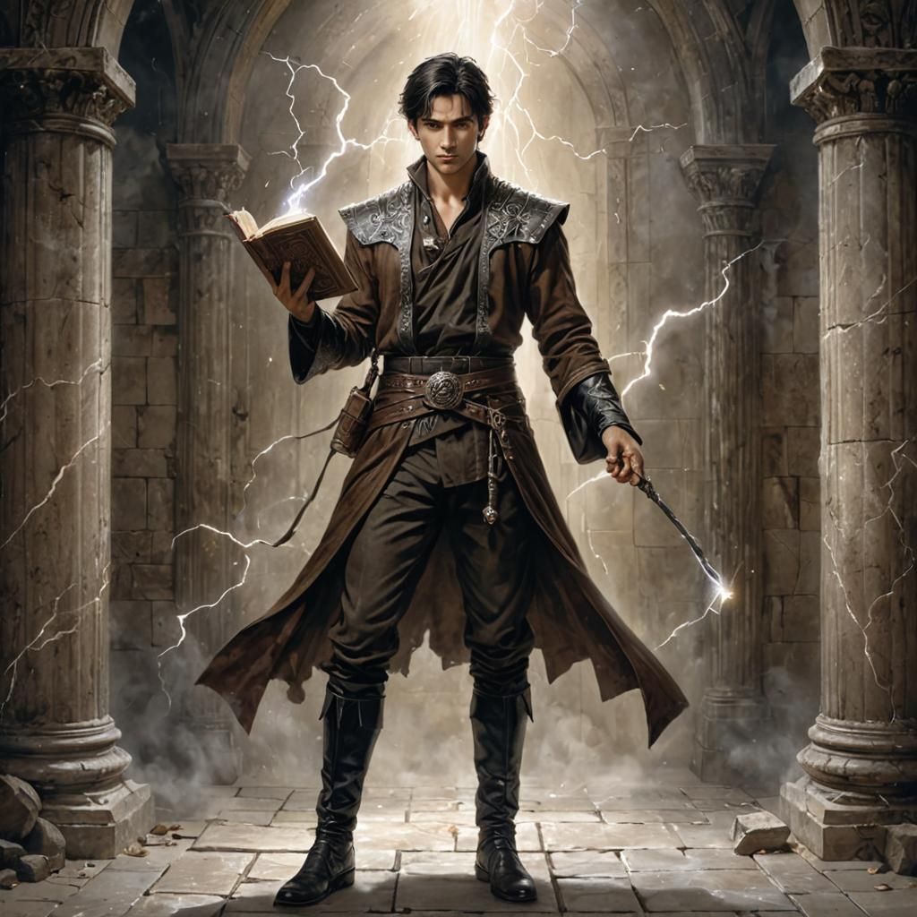 Young Mage Casting Lightning Spell in Dark Fantasy Style