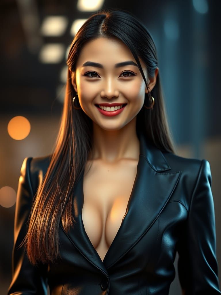 Glamorous Asian Businesswoman in Sultry Black Leather Suit