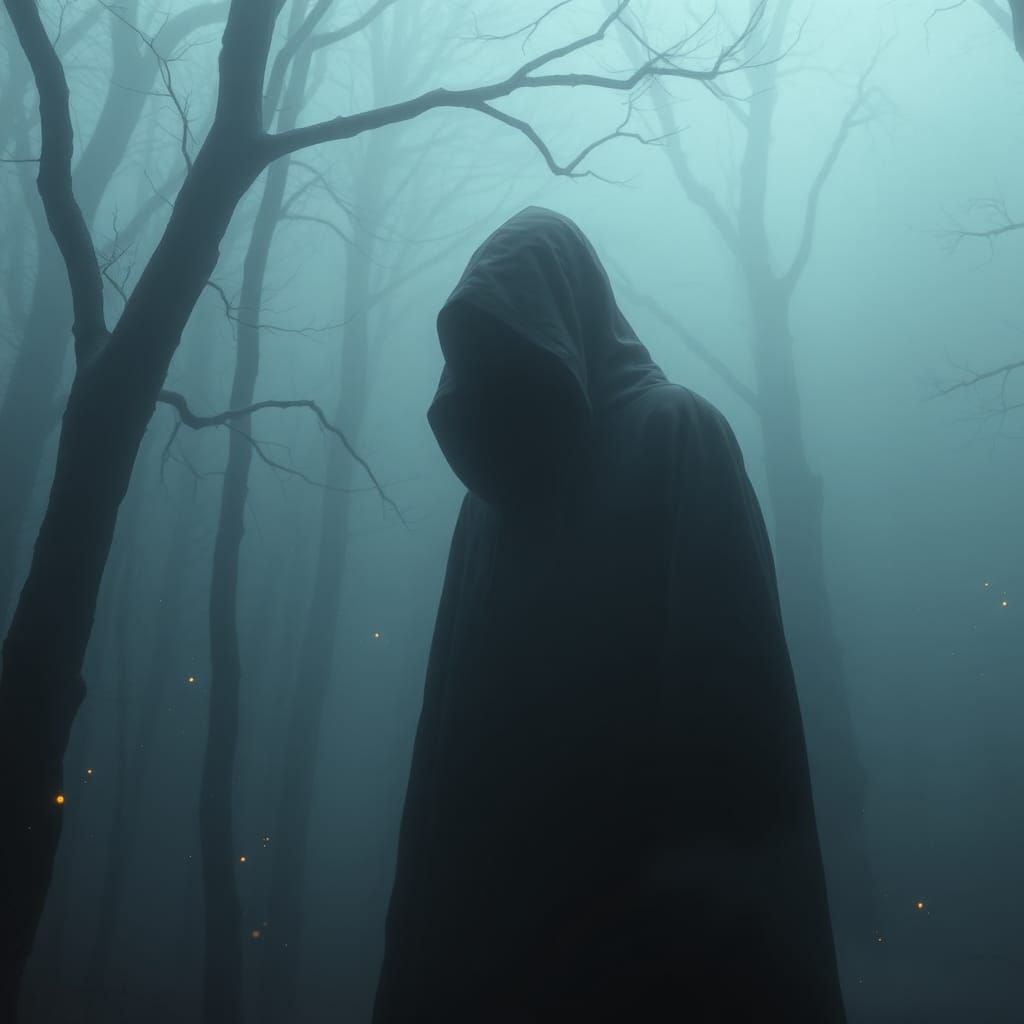 Mystical Figure in Fog-Shrouded Forest