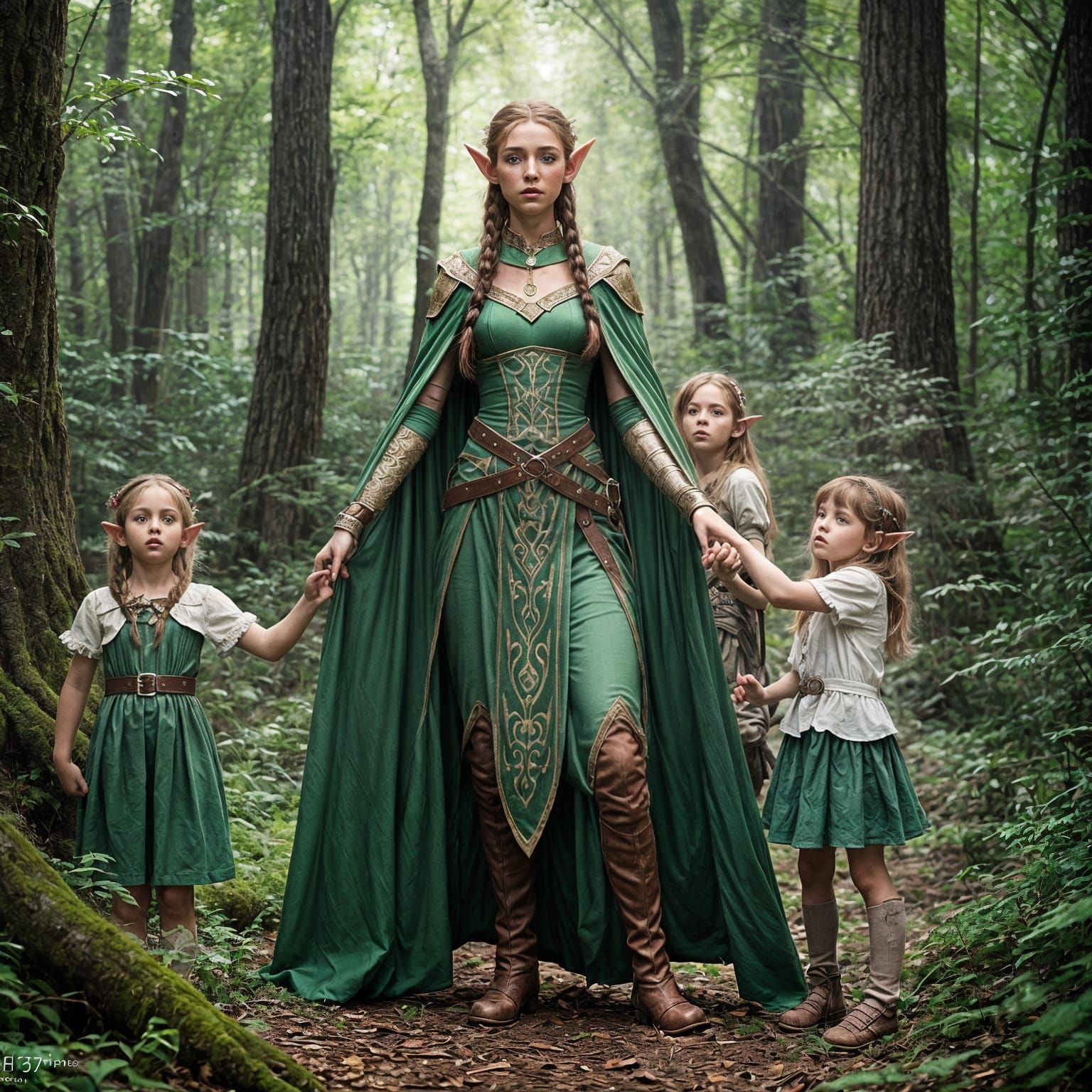 Elf Woman Guardians of the Forest in a Whimsical Woodland Sc...