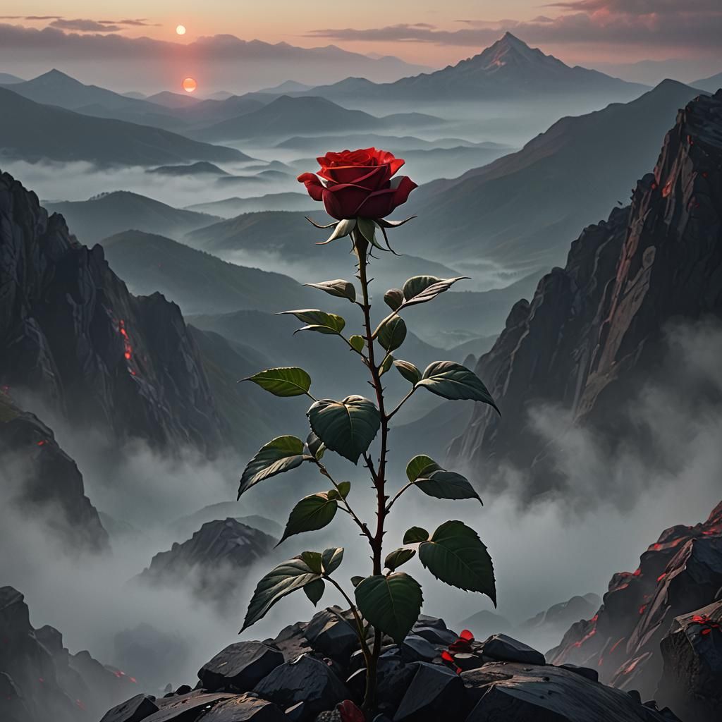 Lone Rose on Misty Peak: Oil Painting Style