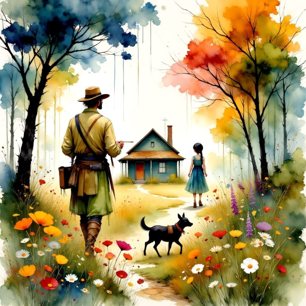 Ethereal Landscape with Painter in Watercolor Style