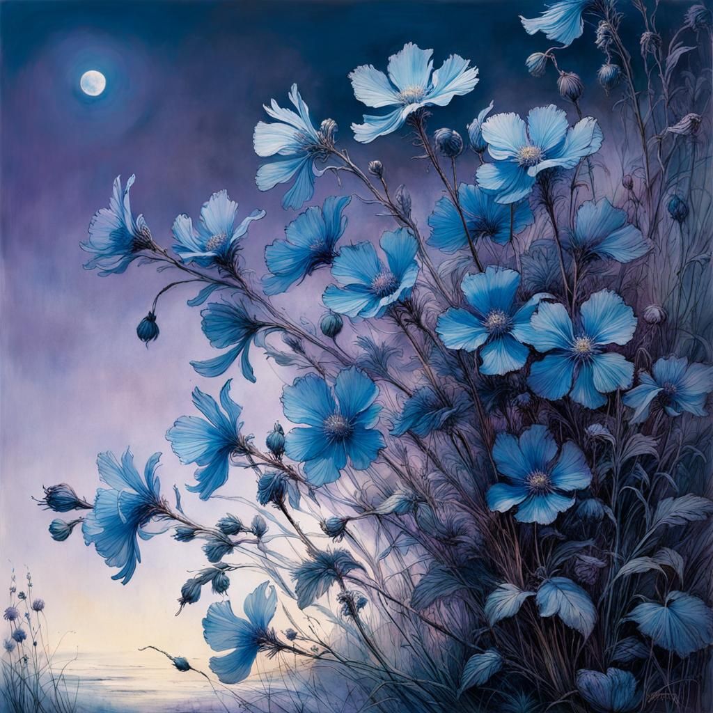 Mysterious Blue Flowers in Purple Evening Light