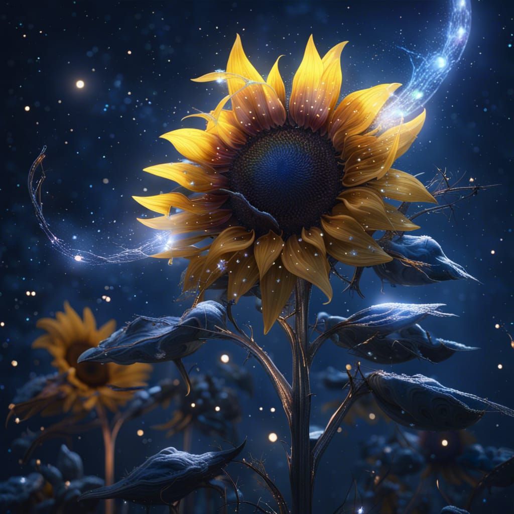 Galaxy Sunflower with Glass Petals and Swirling Galaxy