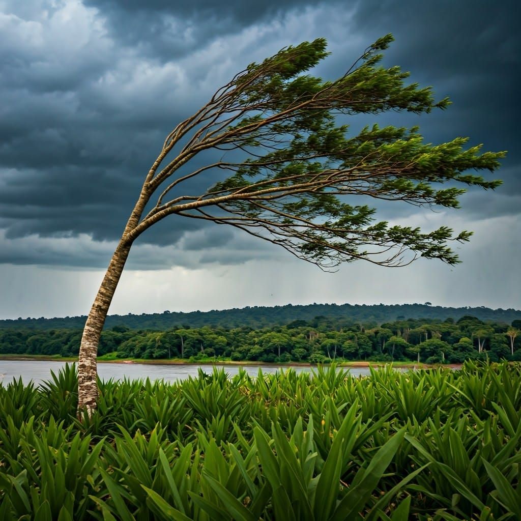 Tree Bends in Stormy Amazon Jungle Landscape