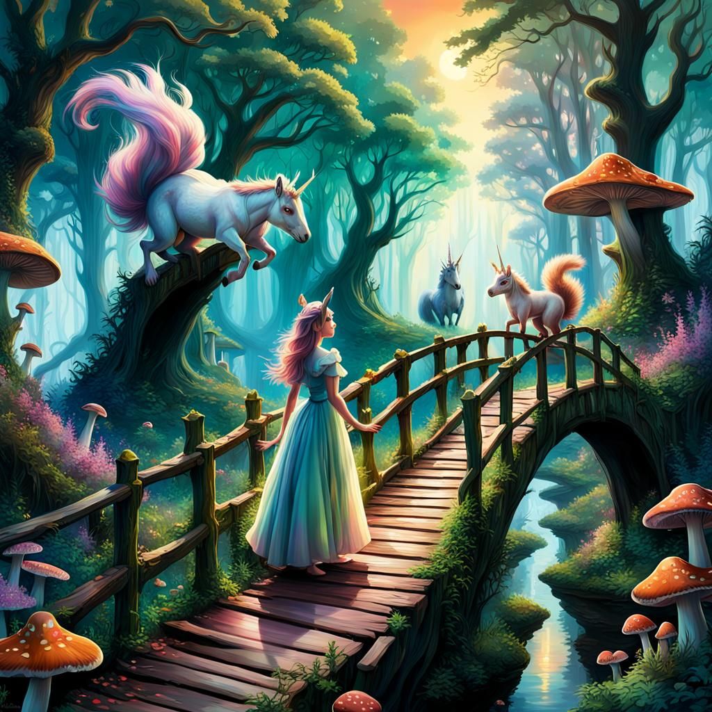 Enchanted Forest: Girl, Squirrel, and Unicorn in Oil Paintin...
