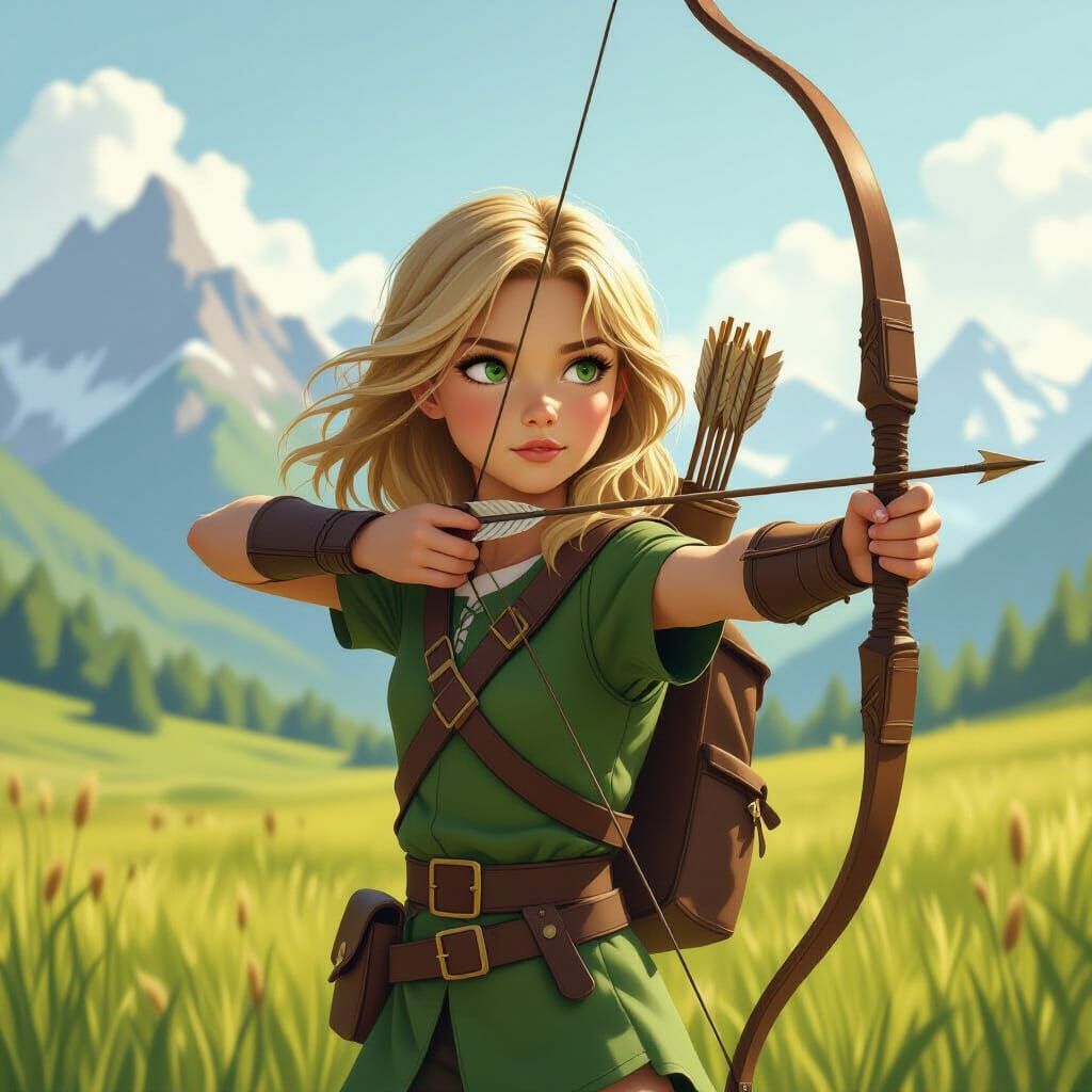 Girl Archer in Field with Mountains