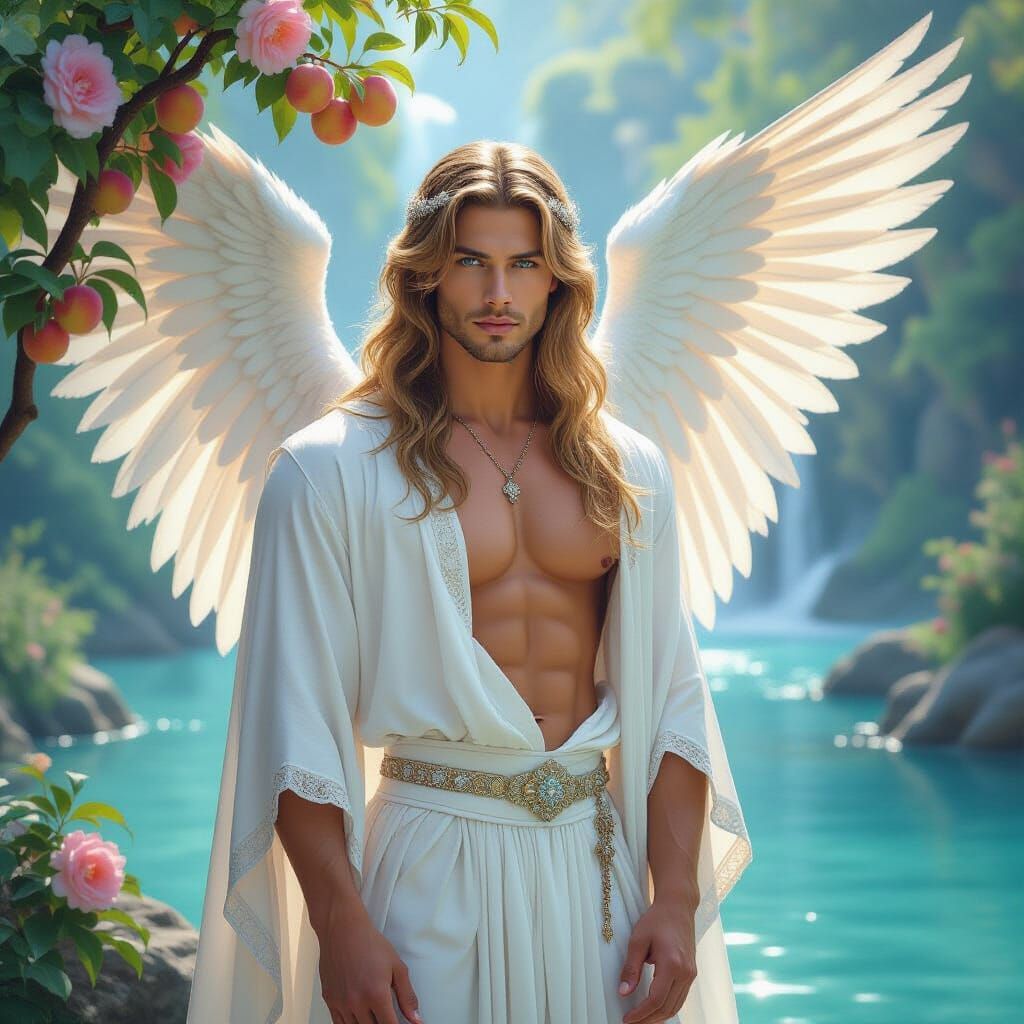 Handsome Angel with Diamond Wings in Pre-Raphaelite Style