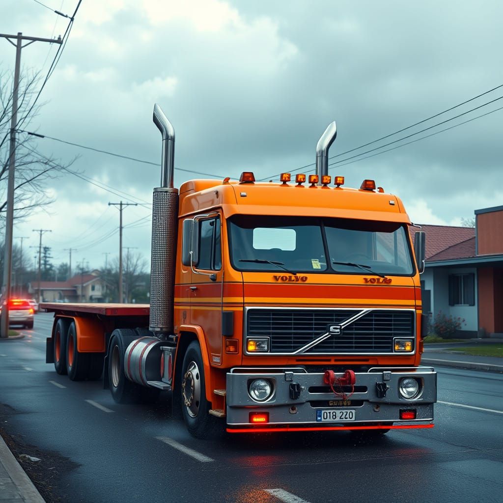 Vibrant 1980s Volvo F88 Truck on a Retro Street