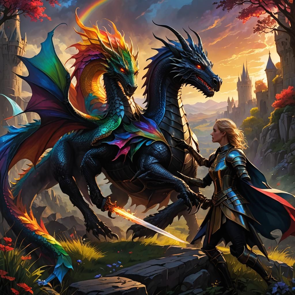 Rainbow Dragon Rescues Damsel in Medieval Battle