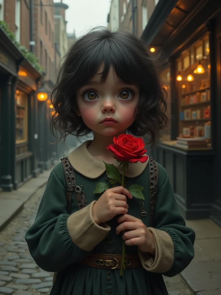 Art Nouveau Urchin Girl With Red Rose In London Alley