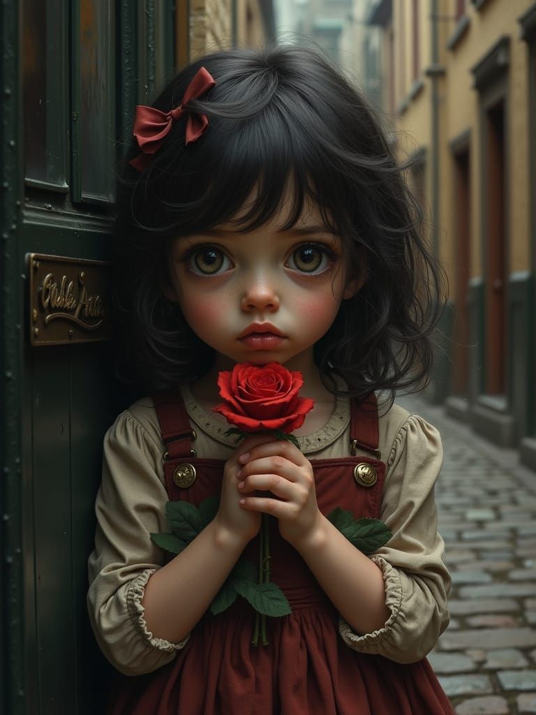 Art Nouveau Urchin Girl With Rose in Gloomy Alley