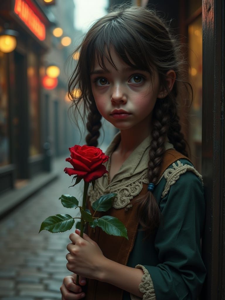 Art Nouveau Urchin Girl With Red Rose in London Alley