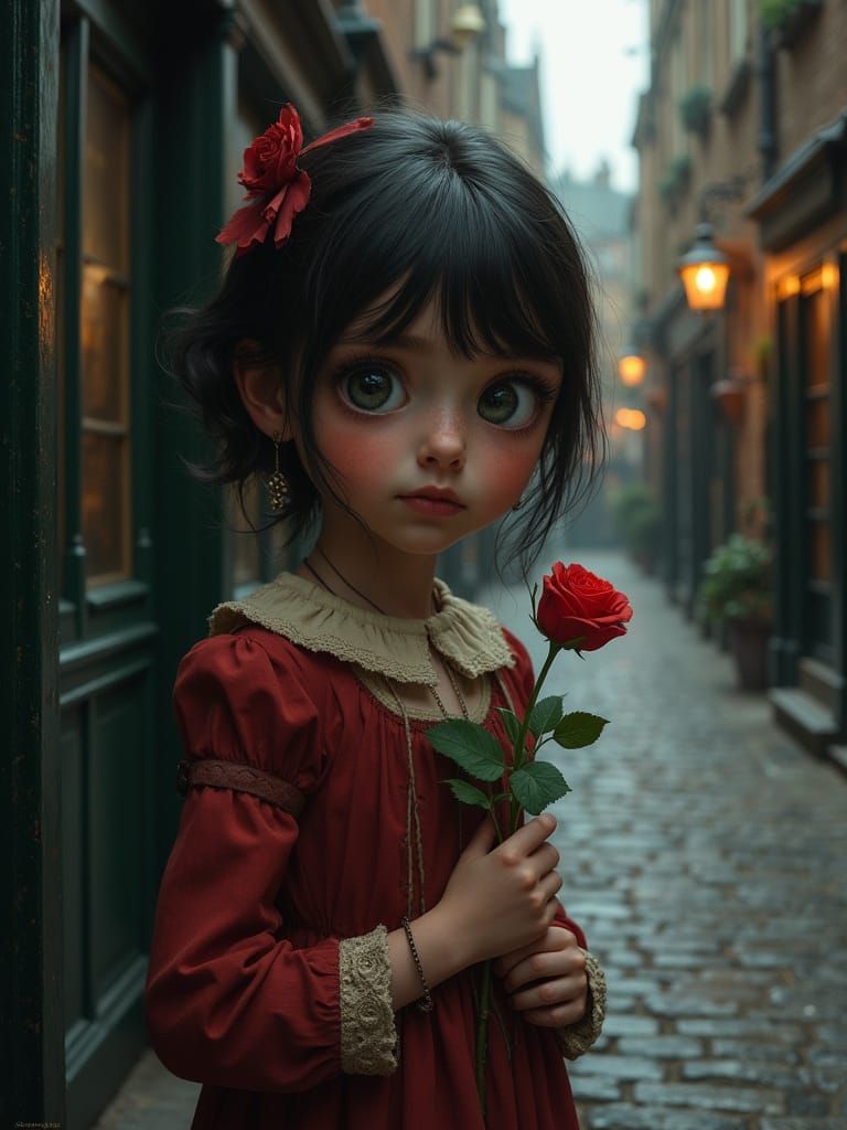 Art Nouveau Urchin Girl With Rose in Gloomy Alley