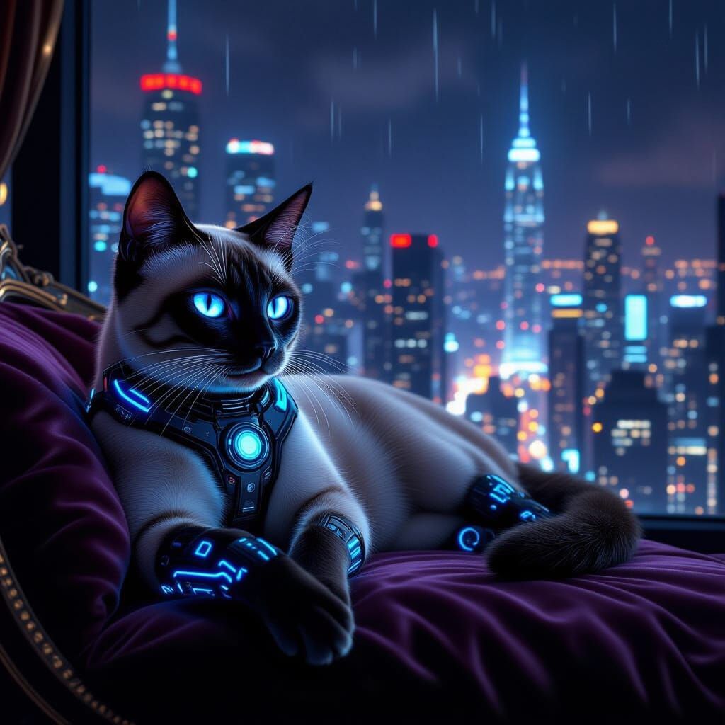 Cyberpunk Siamese Cat in Neon Penthouse