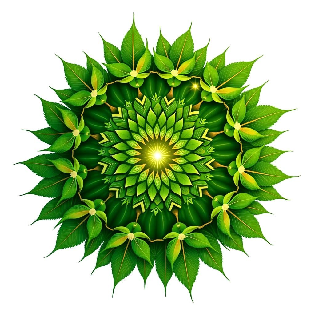Intricate Fractal Nature Art with Green Leaves and Gold Spar...