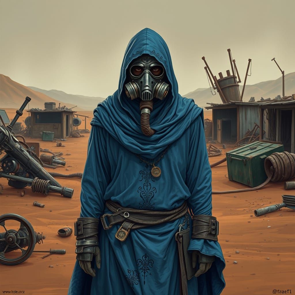 Cyberpunk Assassin Stands in Scorching Desert Landscape