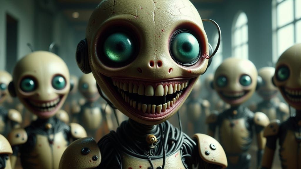 Unsettling Android in Surreal Horror Style