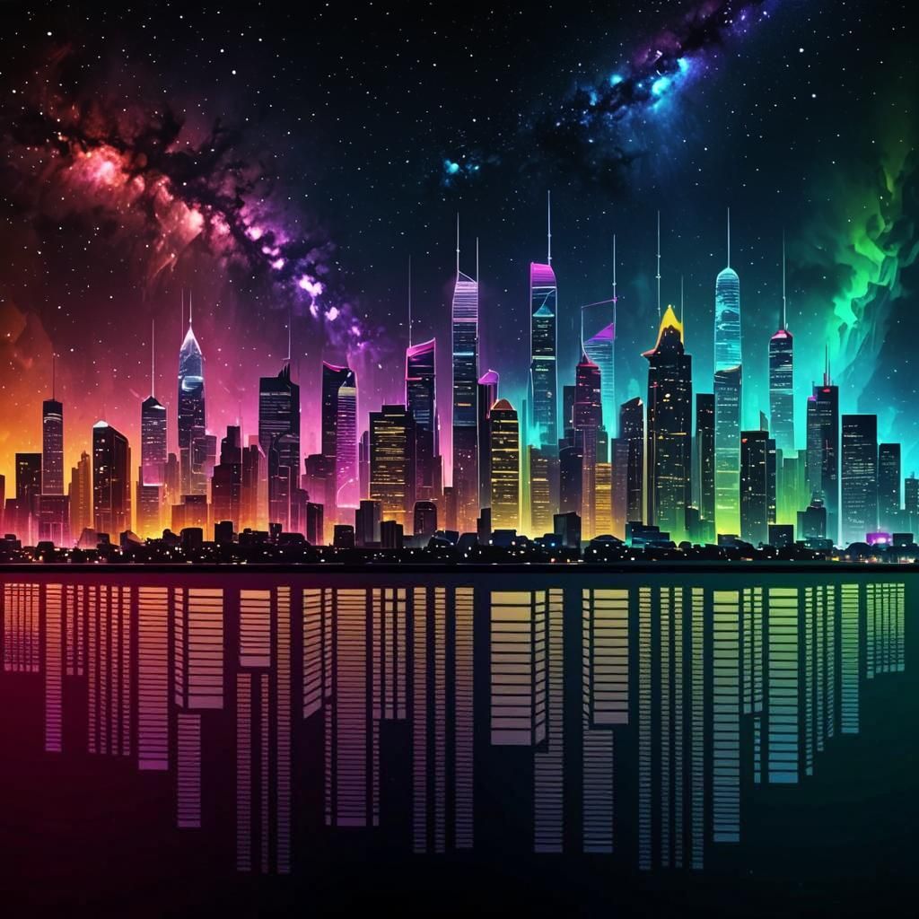 Neon Cityscape Silhouette with Galaxy Sky