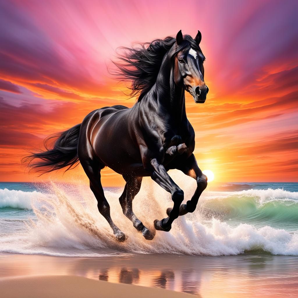Black Horse Running on Beach at Sunset