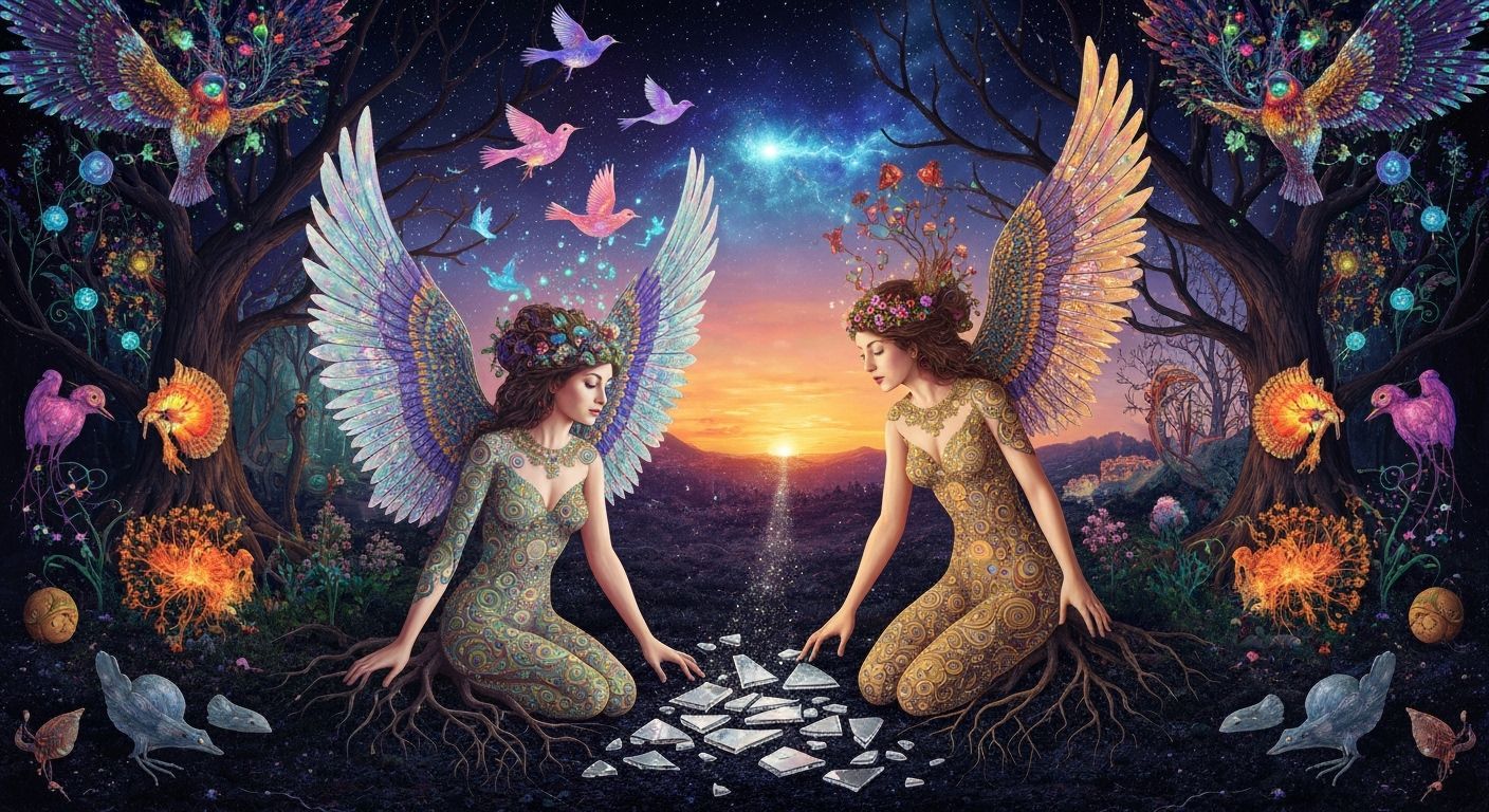 Ethereal Woman Amidst Cosmic Energy and Birds