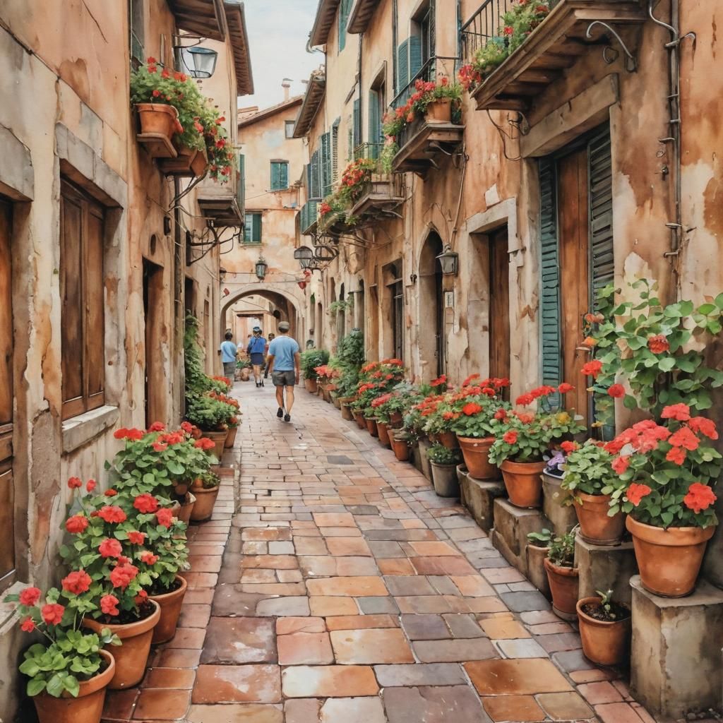 Magical Italian Street Scene in Vibrant Watercolor