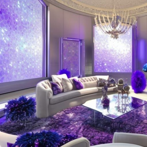Crystal penthouse with Blue crystal walls with amethyst fractals clusters& Silver fractals accents& amethyst cluster fur...