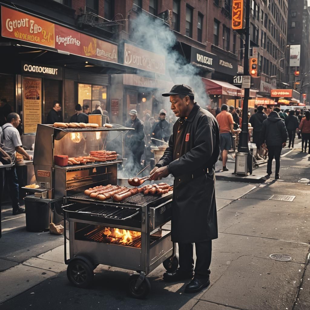 Hot Dog Cart on Bustling New York Street