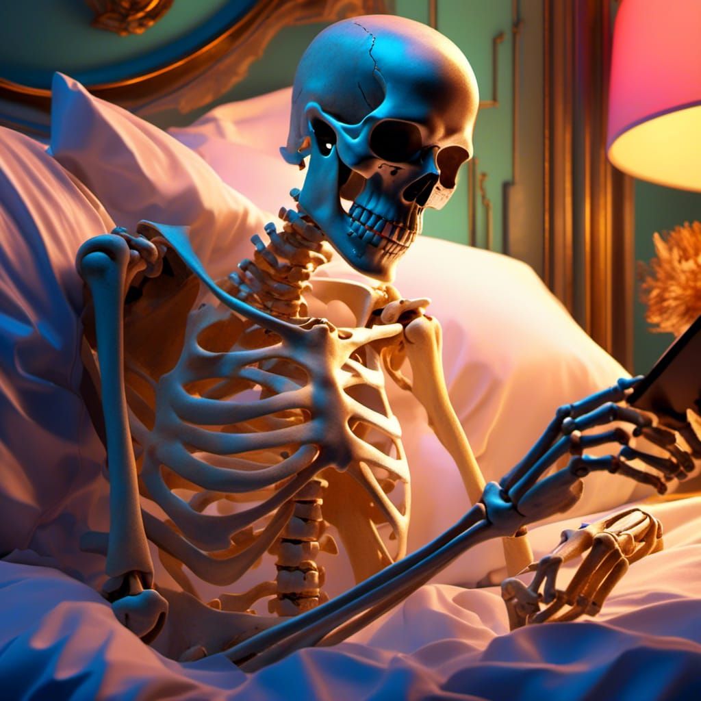 Skeleton's Digital Obsession: Hyperrealistic Bedside Scene