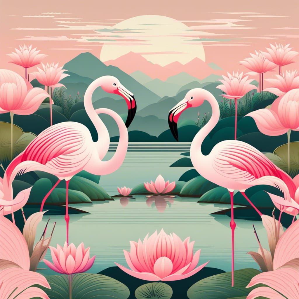 Pink Flamingos in Lotus Garden, Nihonga Style