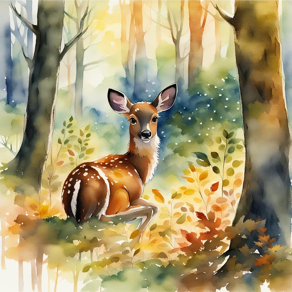 Bambi in Forest: Whimsical Watercolor with Golden Light